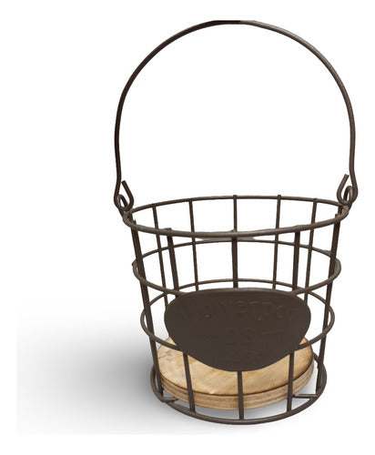 Round Metal Basket with Wooden Base Industrial Style 0