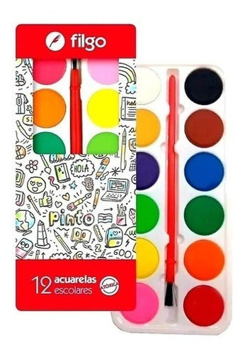 Filgo Acuarelas Escolares X12 Colores Brillantes Pincel 1