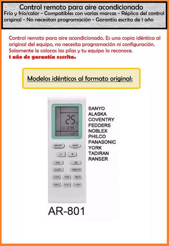 Remote Control for Sanyo, Noblex, Ranser, Philco Air Conditioner 2