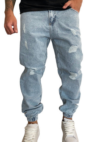 Light Blue Mom Ripped Jogger Jeans for Men 0