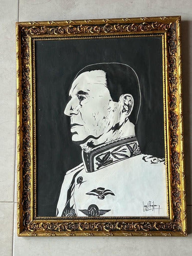 Cuadro Del General Juan Domingo Perón Original En Tinta Oro 5