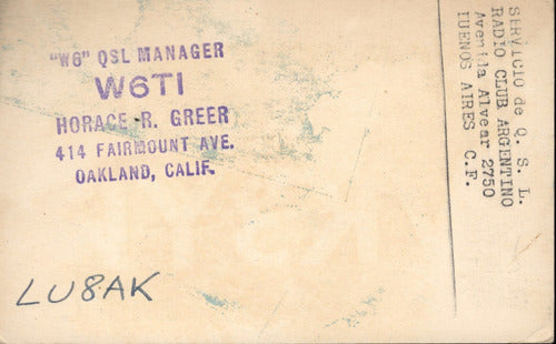 Tarjeta Qsl - De W6ti A Lu8ak (año 1946) 1