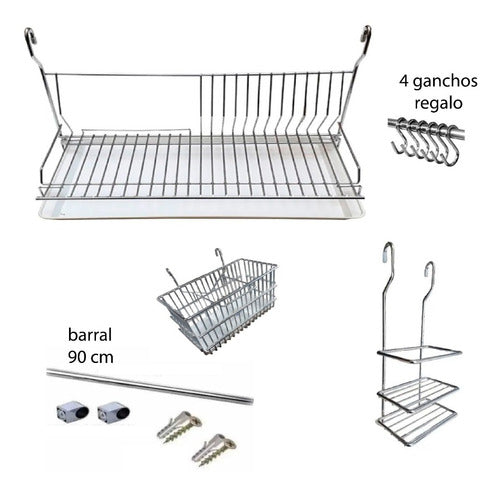 Espaciohome Dish Drying Rack with Cutlery Holder Cleaning Set and 90 cm Hanging Bar 0