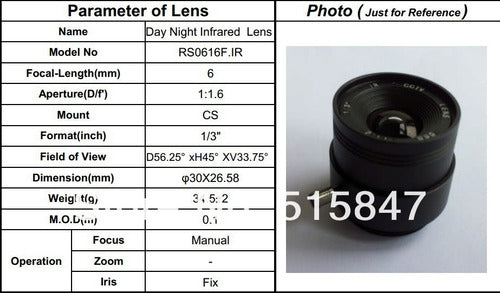 Ricom RIC-RS0616F-IR 6mm CCTV Lens CS Mount Fixed Iris 1