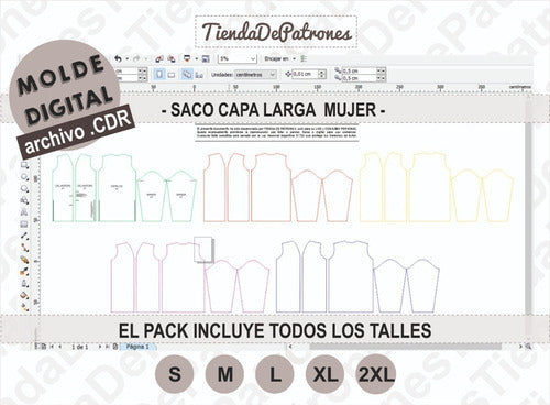 Tienda de Patrones Molde Patron Coreldraw Saco Capa Largo Mujer Del S Al 2xl 3