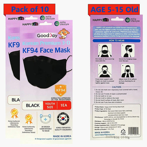 FLEXMON KF94 Face Masks for Kids, Four Layers (Pack of 10, Black) 0