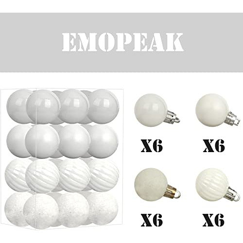 Emopeak 24pcs Christmas Balls Ornaments for Xmas Christmas Tree - 4 Style Shatterproof Christmas Tree Decorations Hanging Ball for Holiday Wedding Party Decoration (1.3/3.2cm, White) 2