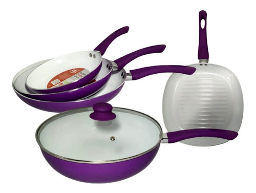 Ceramic Cookware Set 6pcs: Wok, 3 Frying Pans, Skillet, Non-Stick 9