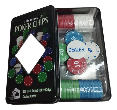 100 Poker Chips Fichas Dual Toned Lata Dealer Juego 1