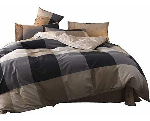 Jane Yre Grey Checkered Cotton Duvet Cover Set, King Size 0