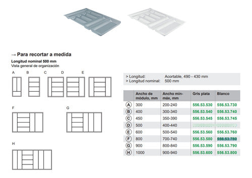 Cubiertero Organizador Cajón 740x490mm Blanco Häfele 1