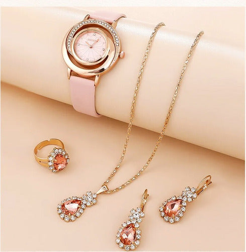 Flowingraff Set of 4: Watch + Necklace + Ring + Earrings * Pink 2