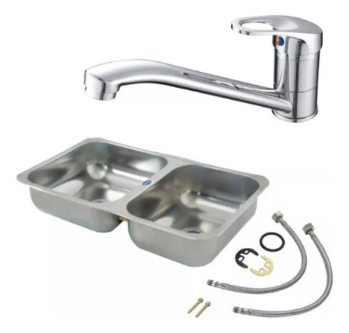 Double Stainless Steel Sink 63x37 + Monobloc Faucet Countertop Set 0