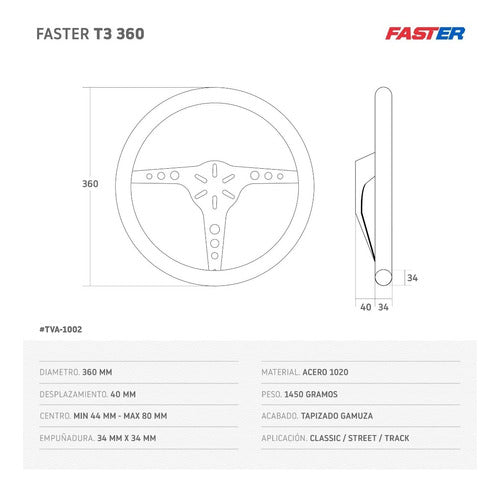 Volante Deportivo Faster T3 360 Tapizado Gamuza Fiat Vw 3