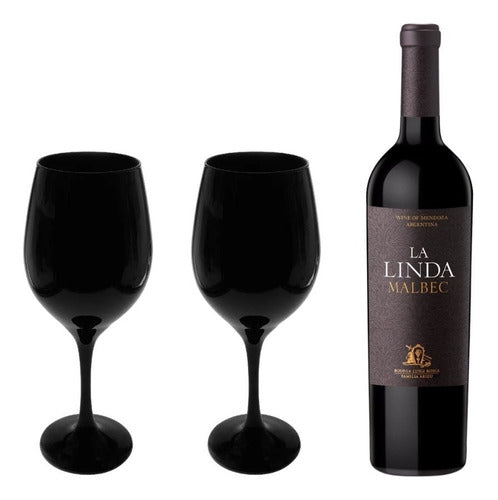 Set Vino La Linda Malbec + 2 Copas Vidrio Barone Negra 490ml 0