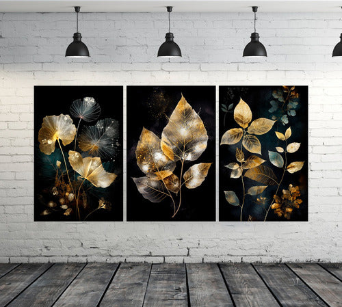 Modern Golden Abstract Leaves Triptych Canvas Art 180x90 cm 1