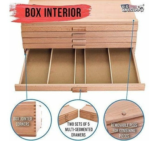 U.S. Art Supply 10 Drawer Wood Artist Supply Storage Box - Pastels, Pencils, Pens, Markers, Brushes 2