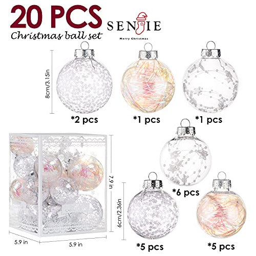 Set of 20 Clear White Christmas Tree Ornaments Balls 6-8cm Box 1