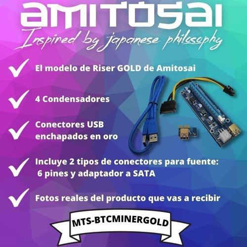 AMITOSAI MTS-BTCMINERGOLD PCIe Riser 16x to 1x USB 3.0 60cm Cable Rig Minep1 1