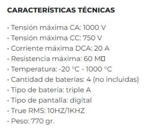 Tester Multímetro Digital 1000v True Rms Estuche Temperatura 2