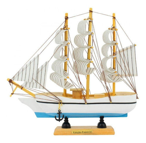 Miniatura Barco Navio Veleiro Madeira Base Azul 21x4x21cm B 0