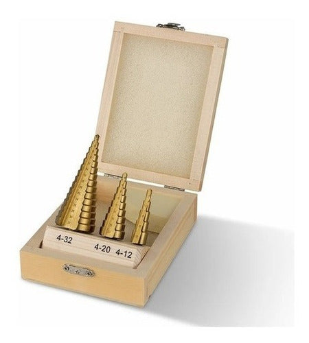 Set of 3 Stepped Drills 4-12 4-20 4-32 Titanium Coated in Wooden Box 4