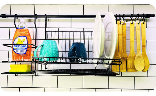 Luperstore Kitchen Dish Rack Cleaning Set with 6 Hooks and 90 cm Black Bar 1