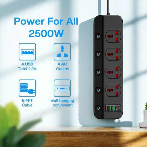 Asometech Universal Travel Power Strip 4 Outlets 3 USB 1 USB-C 2500W 2m 4