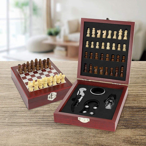 Generic Set De Vino 4 Piezas + Ajedrez En Caja Estuche De Madera 3