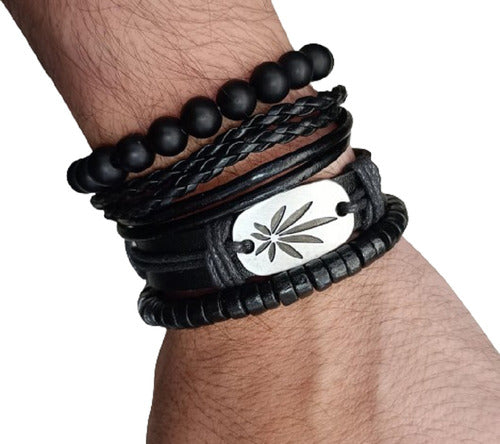 Burdah Conjunto Pulsera Cuencas Cuero Negro Dije Chala 4 En 1 0