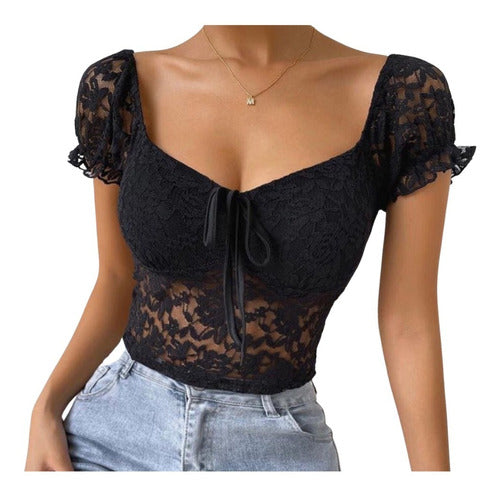 Shoponline Blouse Women's Short Sleeve Lace Top Black 0