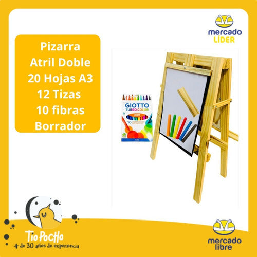 Pizarra Atril Doble Infantil Hojas Bastidor Acuarelas Fibras 1