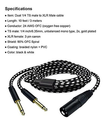 Mugteeve Dual 1/4 Ts Mono A Xlr Cable Macho, 10 Pies De Dobl 1