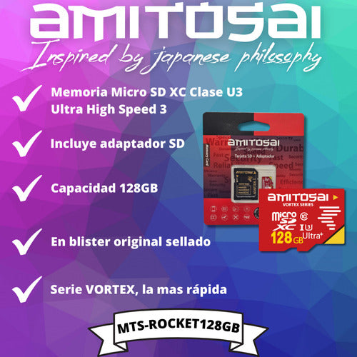 Amitosai Memoria SD 128GB C 10 U3 Serie Vortex MTS-Rocket 3