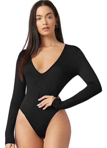 Luquear Bodysuit Mujer Manga Larga Cuello V-con Broche 0