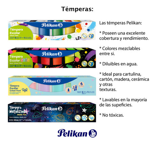 Kit 24 Pelikan Temperas Set - 6 Classic 6 Neon 6 Pastel 6 Metallic 3
