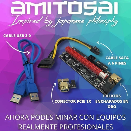 Amitosai Riser 1x A 16x V009s Black PCIe Cable USB 3.0 Mining Cripv8 3