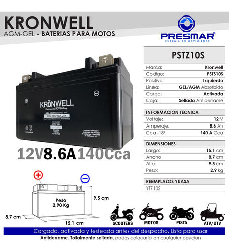 Kronwell Gel Battery Yamaha MT07 Tracer FZ07 XSR XTZ7 YTZ10S 1