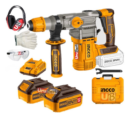 Ingco 20V 3F Rotary Hammer + 2 Batteries 4.0 + Charger CRHLI202882 0