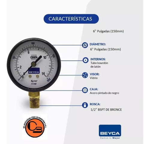 Manometro Beyca 6 Pulgadas Rosca 1/2  De 0 A 14 Kg Caldera 1