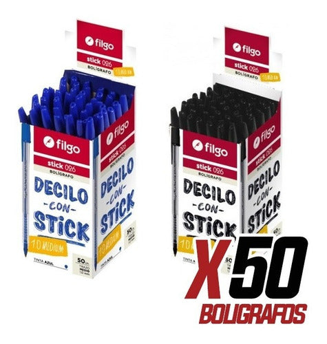 Pack of 50 Filgo Stick 026 Ballpoint Pens 1mm in Blue or Black 1