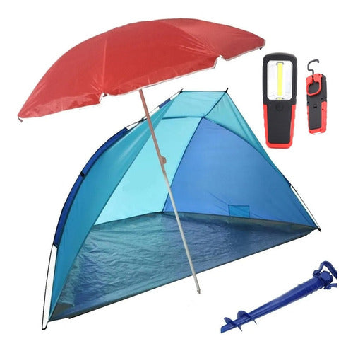 Green Beach Tent + Umbrella Sand Anchoring Support + COB LED Lantern 0