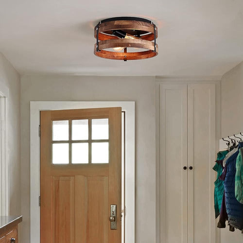 2-light Rustic Flush Mount Light Fixture Oak Wood Round Drum 2