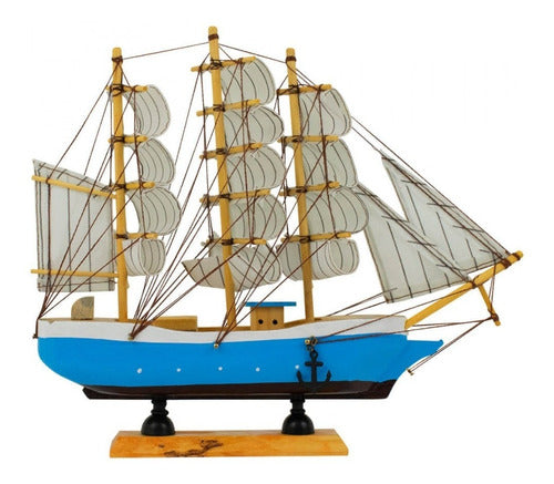 Miniatura Barco Navio Veleiro Madeira Casco Azul 26x5x29cm 2