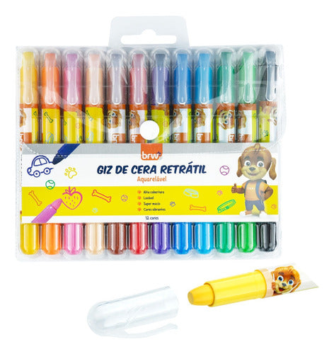 Giz De Cera Retratil 12 Cores Aquarelavel Escolar Brw 0