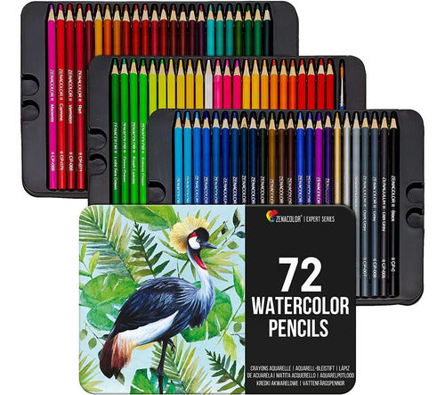 Zenacolor Professional Watercolor Pencils Set of 72, Metal Box with Brush 0