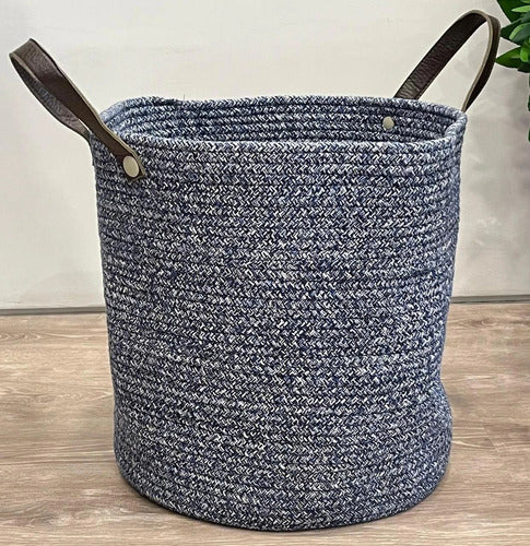 Generic Cotton Rope Basket Blue with Leather Handle 37cm x Ø 40cm 0