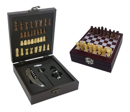 Set De Vino Con Juego Ajedrez Caja Madera Sacacorchos 4 Pzs 0