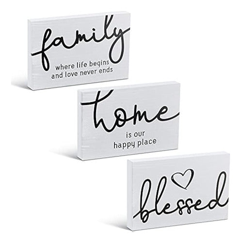 Jetec 3 Pieces Family Home Blessed Rustic Wood Sign Mini Decor 0