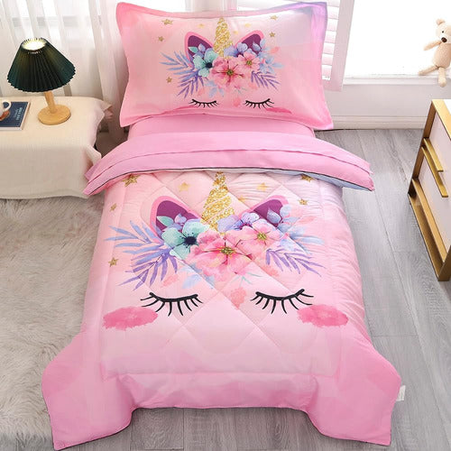 Juego De Ropa De Cama Para Niñas 4 Piezas Rosa Unicornio Flo 0